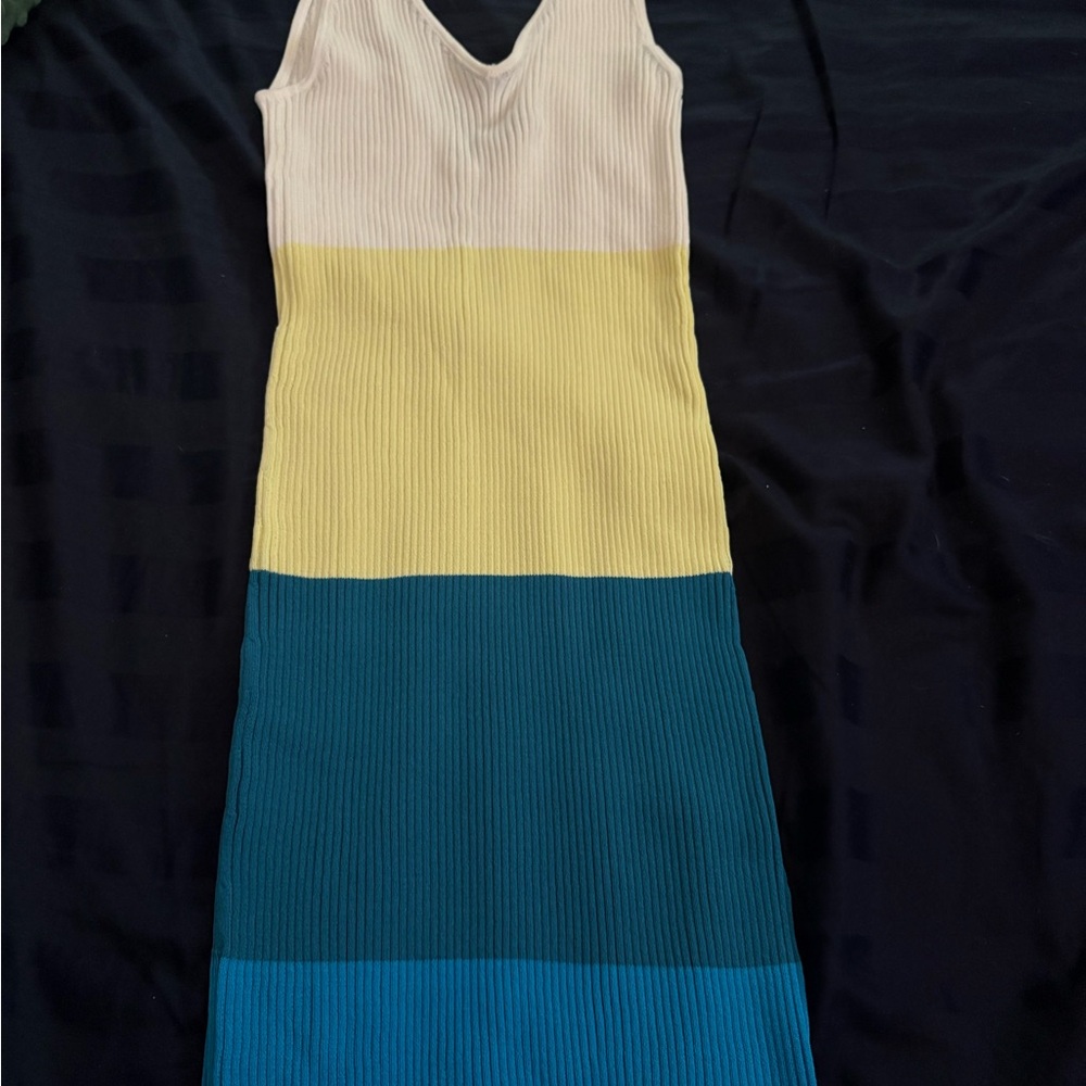 STAUD Sleeveless Maxi Dress in Cream, Yellow, and Blue